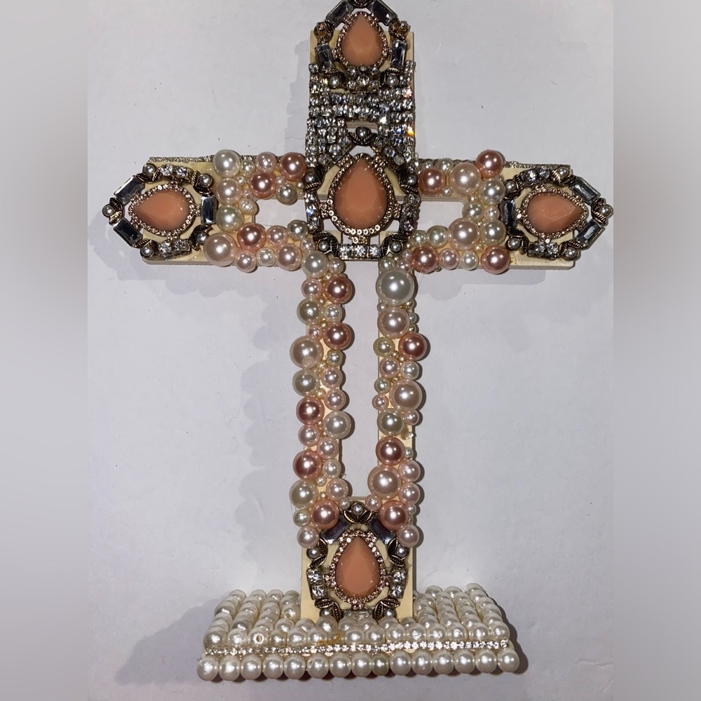 Artisanal Wood Cross w/standing base & Repurposed Jewelry of different colors